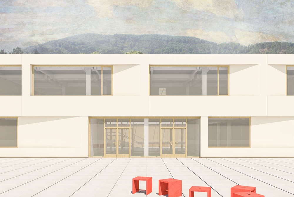 Wetzelsdorf, Schule Visualisierung, Außenraumperspektive, Architektur
