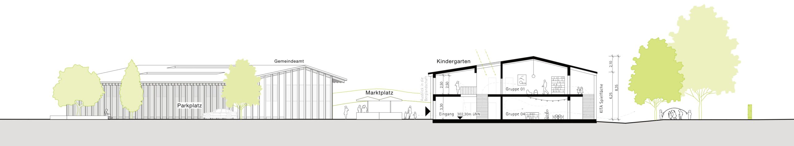 Schnitt Gemeindezentrum Realisierungswettbewerb Architektur Kindergarten KITA Düsseldorf